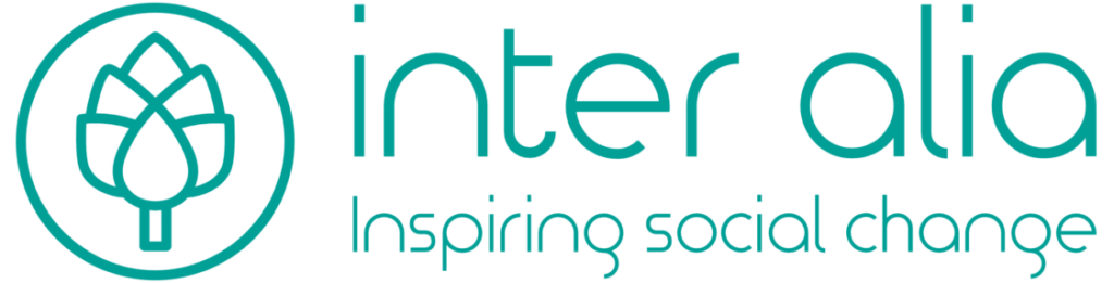 Inter Alia logo with a stylized leaf icon inside a circle on the left and the text 'inter alia' followed by the slogan 'Inspiring social change' in turquoise green