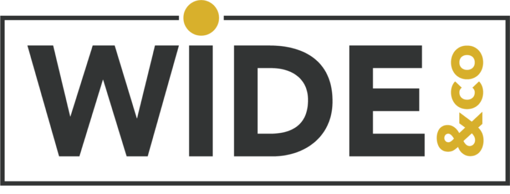 WIDE and Co logo with the text WIDE in black letters and a yellow dot along with '& co' in yellow, framed within a black rectangle